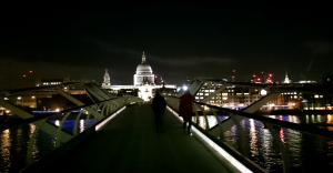 Laney and attente walking on the Millennium Bridge after we walked the distance between Red Hat and Canonical's offices.